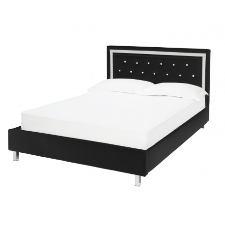 Crystalle 4'6" Double Bed, Black Faux Leather, Diamante Trim Finish, Glamour Feel