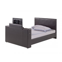 Morton 4'6" Double TV Bed, Brown Faux Leather, Contemporary Style