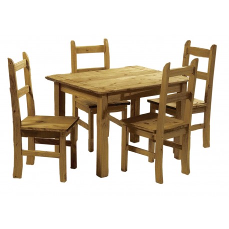 Ecudor Dining Set, 4 Chairs, Antique Waxed Finish, Mexican Pine