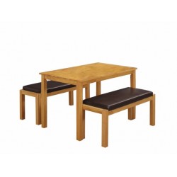 Fenton Dining Table + Bench, Brown PU Leather Seats, Effortless Look, Solid Rubberwood
