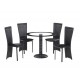 Lenora Circular Black Dining Set, 4 Black Faux Leather Chairs, Glass Top, Black Trim