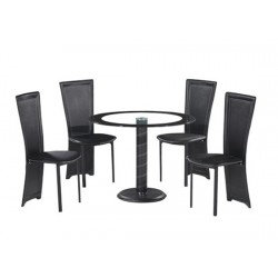 Lenora Circular Black Dining Set, 4 Black Faux Leather Chairs, Glass Top, Black Trim