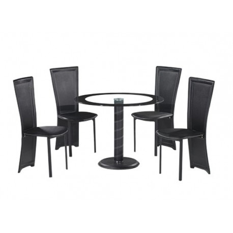 Lenora Circular Black Dining Set, 4 Black Faux Leather Chairs, Glass Top, Black Trim