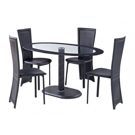 Lenora Black Oval Dining Set, 4 Black Faux Leather Chairs, Glass Top, Black Trim