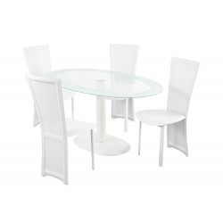 Lenora White Oval DIning Set, 4 White Faux Leather Chairs, Glass Top, White Trim