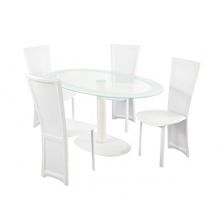 Lenora White Oval DIning Set, 4 White Faux Leather Chairs, Glass Top, White Trim