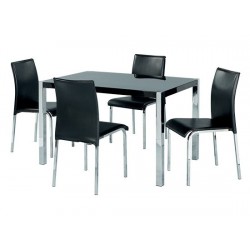 Novello Dining Set, 4 Black Faux Leather Chairs, Chrome Legs, High Gloss Black