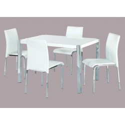 Novello Dining Set, 4 White Faux Leather Chairs, Chrome Legs, High Gloss White