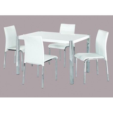 Novello Dining Set, 4 White Faux Leather Chairs, Chrome Legs, High Gloss White
