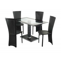 Lonora Dining Set Rectangle, 4 Black Faux Leather Chairs, Glass Table With Black Trim, Leather Look Pedstal