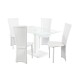 Lonora Dining Set Rectangle, 4 White Faux Leather Chairs, Glass Table With White Trim, Leather Look Pedstal