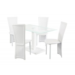 Lonora Dining Set Rectangle, 4 White Faux Leather Chairs, Glass Table With White Trim, Leather Look Pedstal