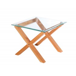 Cadiz End/Lamp Table, Solid Oak Legs, Metal Disc Fastening, Bevelled Edge Glass