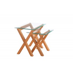 Cadiz Nest of 2 Tables, Solid Oak Legs, Metal Disc Fastening, Bevelled Edge Glass