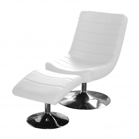 Vegas Easy Chair iin White Faux Leather and Chrome Base with Stool